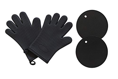 Q's INN Silicone Oven Mitts and Potholders Kitchen Round Trivet Mats | Heat Resistant 450Â°F | Oven Mitt Non-Slip Textured Grip Pot Holders Set of 2 Gloves and 2 trivets - Black