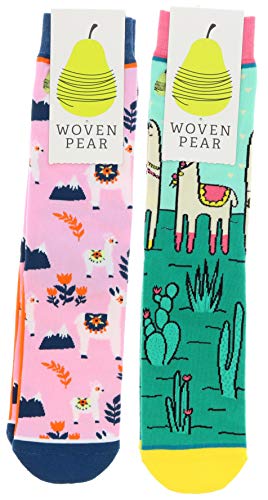 Woven Pear Women's Mama Llama Theme Crew Socks (2Pr), Cotton Blend