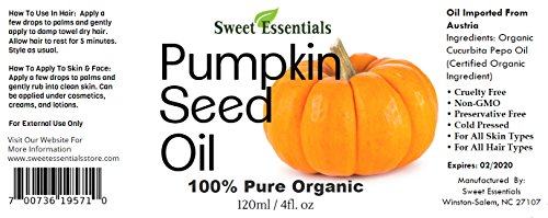 Organic Virgin Pumpkin Seed Oil | Imported From Austria | Various Sizes | 100% Pure| Unrefined | Cold-Pressed | Natural Moisturizer for Skin, Hair & Face | By Sweet Essentials (4 fl oz Glass)