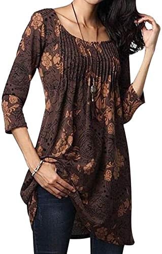 Popilover Womens Casaul 3/4 Sleeve Floral Tunic Pleated Tops