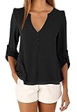 OMZIN Women Casual Chiffon Button V Neck Blouses Shirts Plus Size Long Sleeve Top