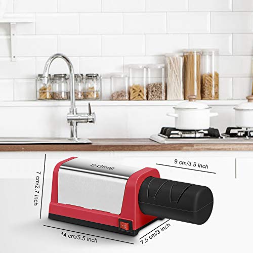 E-Gtong Electric Knife Sharpener, Professional 2-Stage Knives Sharpening System for Straight and Serrated Knives, with Diamond Abrasives for Knife Sharpening, Red