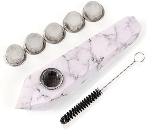 Primemory Natural White Turquoise Crystal Pipe with 5pcs Metal Filter and One Brush, Smoking Pipe, Pipes for Tobacco About 4-4.5 Inches