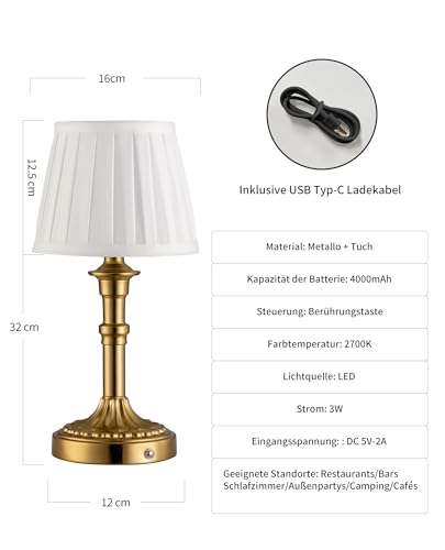 VISDANFO Wireless Table Lamp, LED Fabric Lampshade Small with Battery, Dimmable for Living Room, Dining Room, Bedroom, Bathroom (Bronze)