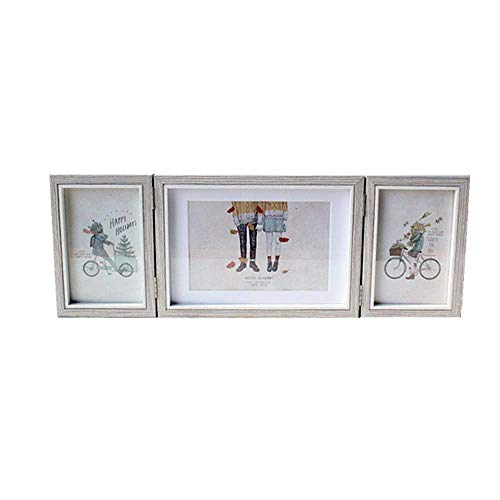 Silver Hinged Folding Three Picture Frame Display 4x6 inch Vertical and 5x7 inch Horizontal Photo or Pictures for Desk Triple Opening Wedding Family Grayish White