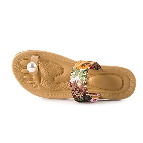 Anshinto Beach Flip Flop for Women, Summer Pearl Floral Print Sandals Non-Slip Flat Sandals Sweet Flower Slippers Shoes (7.5 B(M) US, Red) - Thumbnail 3