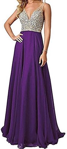QSYE Women's Beaded Prom Dreeses Long V-Neck Chiffon Evening Gowns 2018 Purple,2
