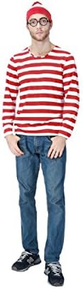 Adkinly Mens Wheres Waldo/Wally Adult Costume Kit, Red/White, Small