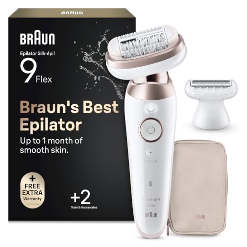 Braun Silk-epil 9 Flex, Epilator with 360 Degree Flexible Head for Easy Hair Removal, Wet & Dry, Lasting Smooth Skin, with Lady Shaver Head & Trimmer Comb, 9-030 3D, White/Rose Titan
