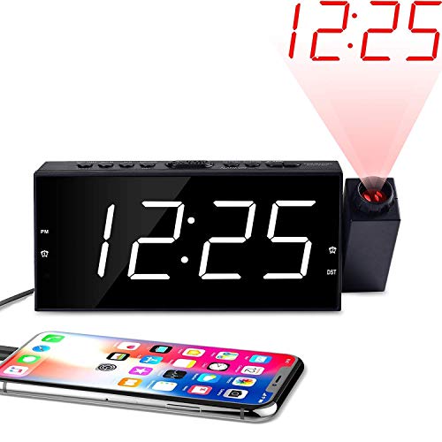OnLyee Projection Ceiling Wall Clock, Alarm Clock, 7" LED Digital Desk/Shelf Clock with Dimmer, USB Charging, AC Powered and Battery Backup for Bedroom, Kitchen, Kids