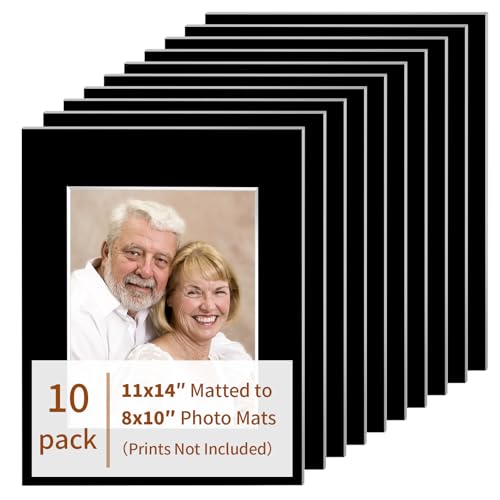 yeestone 10 Pack Picture Frame Mats, 11x14 Matted to 8x10 Photo Mats, Acid Free Picture Matting for Pictures Photos Watercolor Artwork (Black)