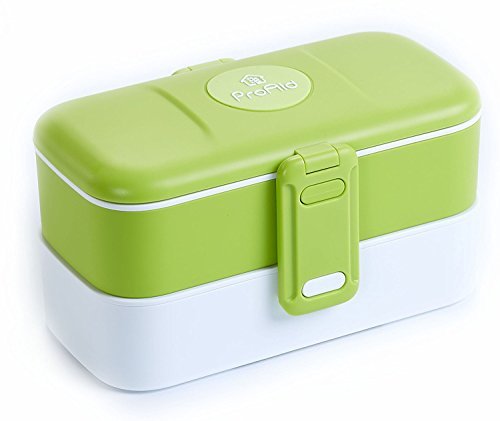 ProAid Bento Lunch Box, Leakproof Bento Box with Stainless Steel Silverware and 2 Layers Design Lunch Box, BPA Free Safe for Fridge and Dishwasher, Green ?-