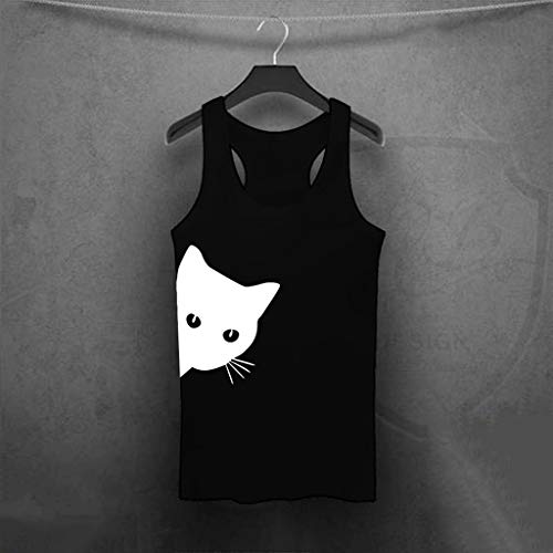 FarJing Women Cat Print Vest Sleeveless Loose Crop Tops Tank Tops Blouse Tops T-Shirt(XXL,Black
