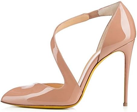 Juoar Women's Stiletto Ankle Strap Bungee Sandals Slim Pointed Toe High Heels Pumps Sexy Big Size Shoes Patent Leather Nude US9
