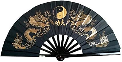 Amazon 中国武術 太極拳 武術扇子 双龍柄 黒 ３３センチ 中国雑貨 功夫扇 表演 カラー扇子 オリエンタルドラゴン 古武術