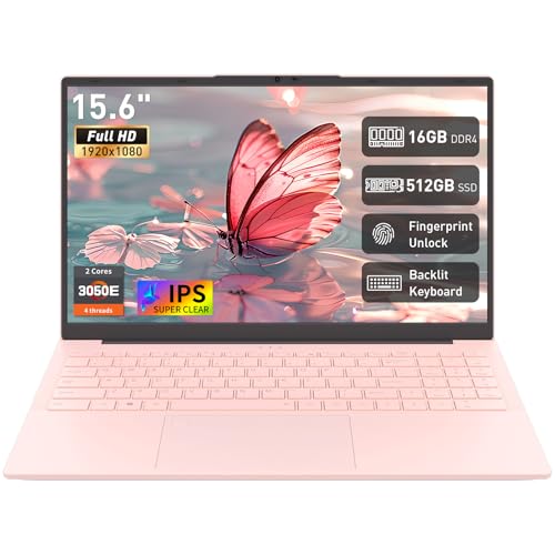 Auusda 16GB RAM 512GB SSD Laptop, Compatible with Win11, 15.6" Full HD IPS, Backlit Keyboard & Fingerprint Login, Full-Function USB C, 6000mAh, Lightweight Design for School & Work (Pink)