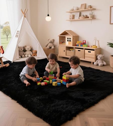 MARATIP Teppich Wohnzimmer Schwarz 200x300 cm flauschig weich