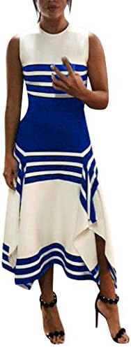 Srogem Summer Women's Sleeveless Scoop Neck Striped Loose Beach Long Maxi Dress Sundress Casual