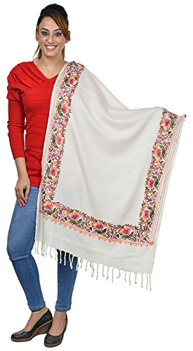 The MadhuSudan Gallery Kashmiri Embroidery Indian Shawl Stole Scarf Wrap for Wedding Parties Bridesmaid Prom (Off White, 28 inch x 80 inch) by