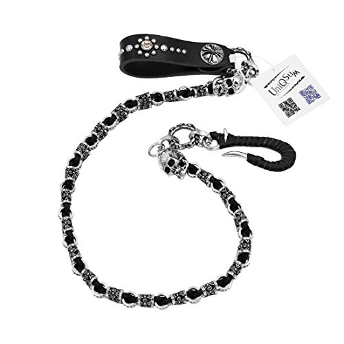 Uniqsum Cross Skull Charms Braided leather Wallet chain Biker Punk Key chain With hook snap closure - Thumbnail 2