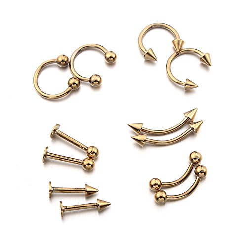 12pcs Eyebrow Lip Nose Ear Rings Gold Plated 16G Piercing Jewelry Kit Vcmart