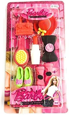 trendy tap barbie doll makeup accessories eraser set for girls, cartoon stationery birthday purpose- Multi color