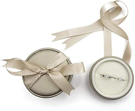 Wedding Ring Bearer Box -Gold Round PU Leather Double Ring Jewelry Earring Pins Storage Gift Box with Elegant Silk Bow for Wedding, Proposal, Birthday, Christmas (Ring Box)