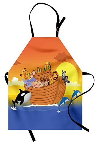 Ambesonne Religious Apron, The Ark Boat with Happy Mythical Creatures in The Sea with Whale and Dolphin, Unisex Kitchen Bib Apron with Adjustable Neck for Cooking Baking Gardening, Multicolor