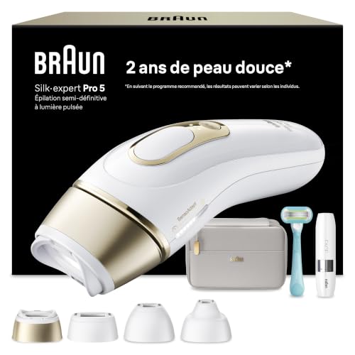 Braun Epilateur Lumiere Pulsee Silk·expert Pro 5 PL5412, Blanc et Or – Alternative au Laser à Domicile, Filaire, avec Pochette, Mini Rasoir Visage, Manche et Cartouche De Lames Gillette Venus, 4 Têtes