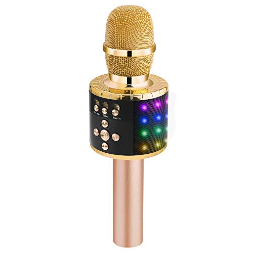 Check Out This BONAOK Wireless Bluetooth Karaoke Microphone with Multi-color LED Lights, 4 in 1 Portable Handheld Karaoke Speaker Machine Valentine’s Gift for Android/iPhone/iPad/Sony/PC or All Smartphone(Gold)