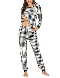 Ekouaer Women's Pajama Set Plaid Pj Long Sleeve Sleepwear Soft Contrast 2 Piece Lounge Sets