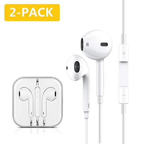PUJIN Earphones/Earbuds/Headphones Microphone Stereo Compatible with Apple iPhone SE/5S/5C/5/6/6S Plus More Android Smartphones (White 2Pack)