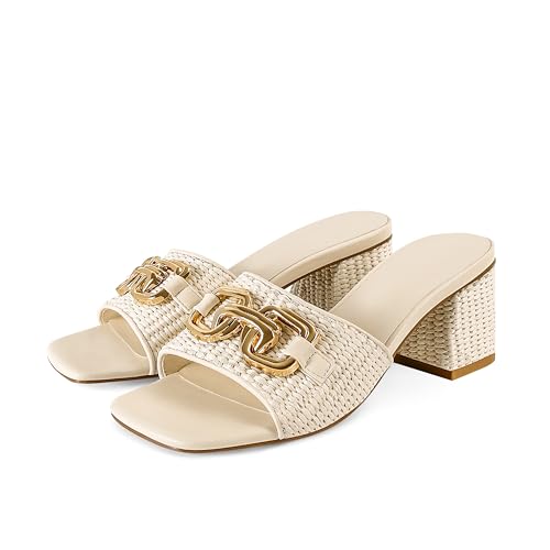 SOVANYOU Women's White Raffia Chunky Heel Sandals Open Toe Dressy Heels Slip on Block Heel Evening Party Shoes with Metal Chain Comfortable Beach Vacation Sandals at Amazon