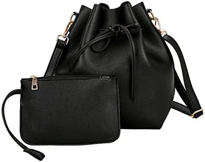 Women Textured Faux Leather Drawstring Style Mini Handbag Bucket Shoulder Bag (Black2)