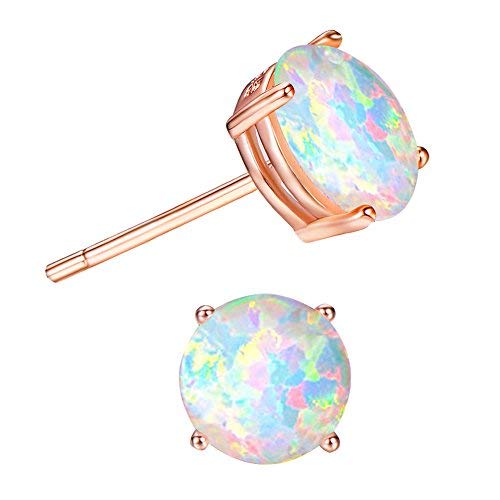 JunXin 925 Sterling Silver Round Cut Opal Stud Earring 7.5MM (rose gold)