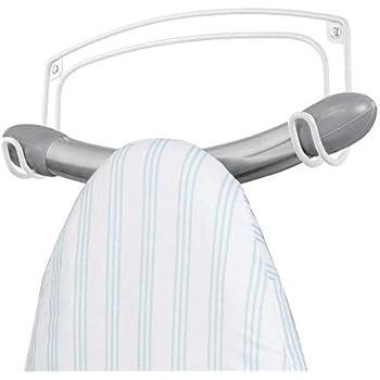 mDesign Metal Wire Wall Mount Ironing Board Holder - 2 Strong Hooks Hold Ironing Board, Towels, Cleaning Brushes, Spray Bottles, Coats - for Laundry Rooms, Utility Rooms, Closets, Garages - White