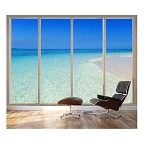 Wall26 - Large Wall Mural - Tropical Beach Seen Through Sliding Glass Doors | 3D Visual Effect Self-Adhesive Vinyl Wallpaper/Removable Modern Decorating Wall Art - 66"x96"
