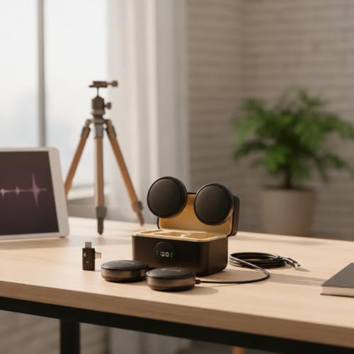 Microfone de Lapela Sem Fio com Estojo de Carregamento, 2 Microfones, USB-C e Lightning, Redução de Ruído ENC, Plug and Play, 20m de Alcance para iPhone, Android, Notebook, Tablet e Câmera