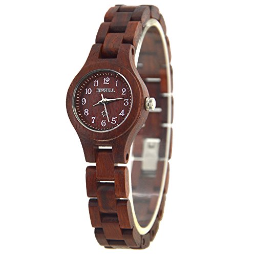 Bewell Small Dial Ladies Wooden Dress Watch Red Round Bracelet Quartz Wristwatches for Women