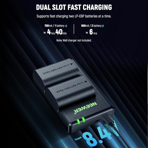 NEEWER 2 Pack 2400mAh LP-E6P LP-E6NH LP-E6N LP-E6 Replacement Battery and USB Double Charger, Compatible with Canon EOS R5 Mark II EOS R5 EOS R6 EOS R7 EOS R 5D II III IV 6D 6D II 7D 7D II 60D 70D 80D