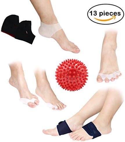 Toe Separators Protectors, Heel Sleeves, Spiky Massage Ball, Plantar Fasciitis Foot Arch Support Sleeve Kit for Therapy Relief Metatarsal Pain Bunion Cushioned Women