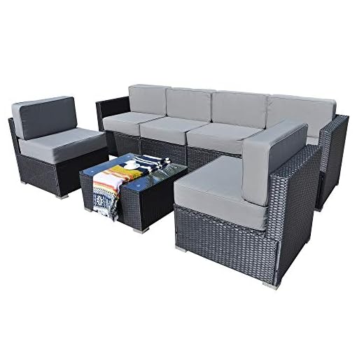 Mcombo Patio Furniture Sectional Set Outdoor Wicker Sofa Lawn Rattan Conversation Chair With 6 Inch Cushions And Tea Table Grey 6082 7pc Beachfront Decor