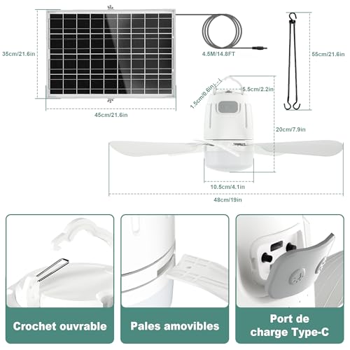 Gliztech Solar Fan with Light, Pavilion Ceiling Fan Lamp, Solar Panel and Remote Control, Suitable for Patio, Parasol, Workshop, Gazebo, Camping Canvas, Terrace.