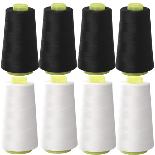 Black & White Sewing Thread, 8PCS 40S/2 3000 Yard Spool Serger Thread, All Purpose Polyester Thread Serger Thread Cones