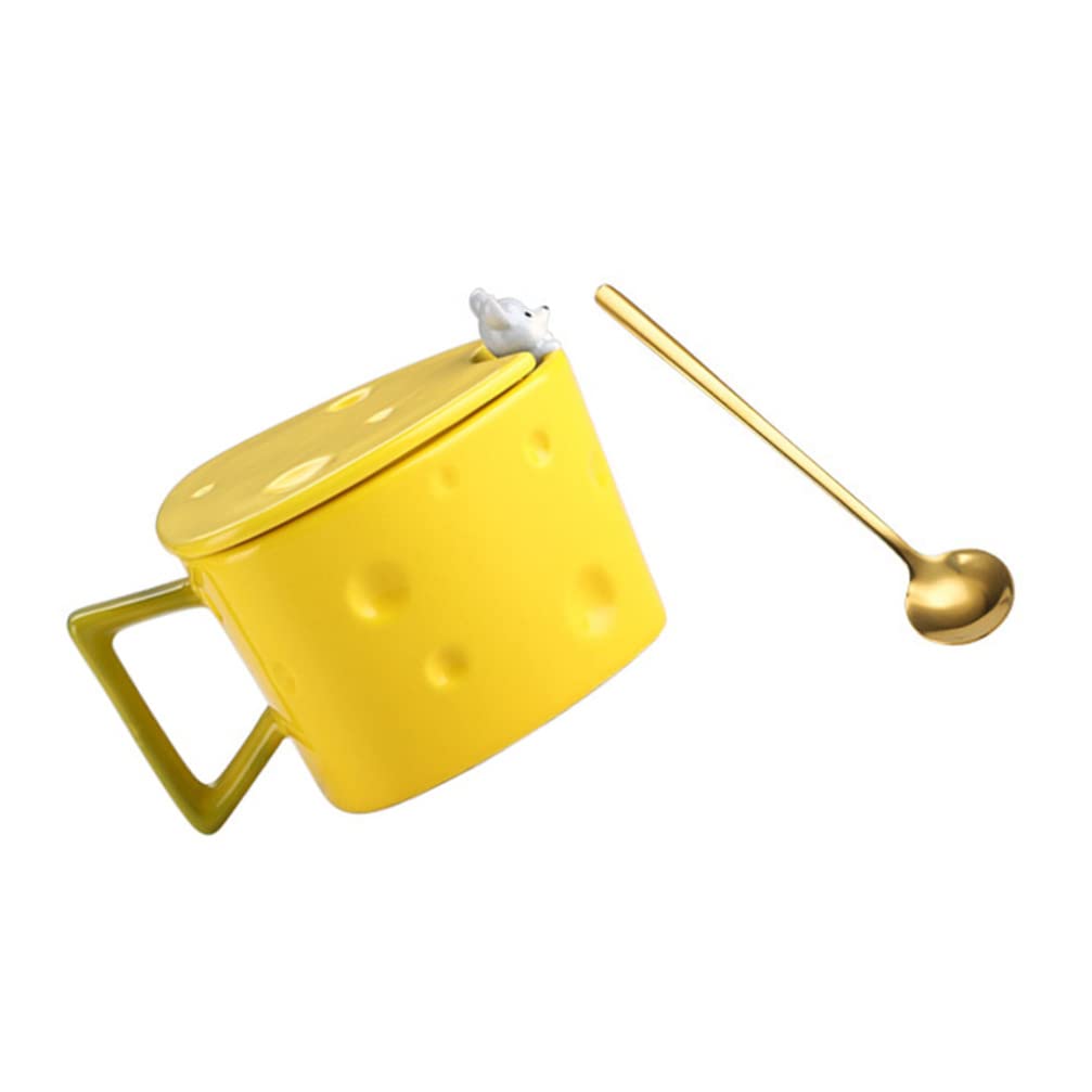 Luxshiny Cheese Shaped Mug with Spoon Creative Ceramic Coffee Mug with Lid and Spoon Funny Cheese Milk Cup for Birthday Festival