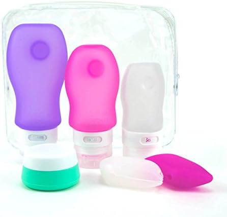TSA approved leak proof BPA free silicone travel bottle set with clear zipper bag (Purple Pink White)