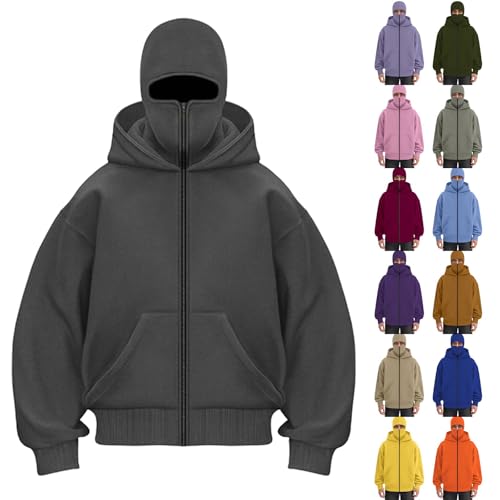 Nuaoxyeu mens puffer coat Winter Jackets for Men Balaclava Double Hooded Fleece Jacket Full Zip Windbreaker Jacket Athletic Workout Sweatshirt Fashion winter mens