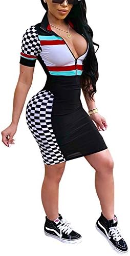 Kafiloe Women Casual Polo Neck Short Sleeve Front Zipper Bodycon Pencil Midi Dress Sexy Party Clubwear
