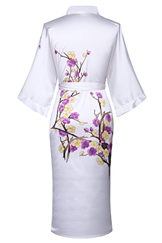 Old-to-new Women's Long Lightweight Elegant Kimono Robe Silk Bathrobe Dressing Gown with Fur- Watercolor Floral