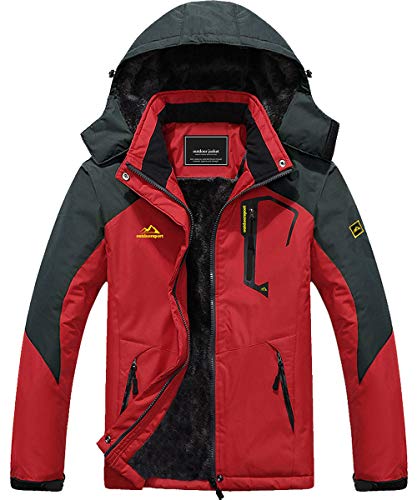 MAGCOMSEN Mens Ski Jacket Waterproof Jaket Fleece Snowboarding Jacket Casual Outdoor Soft Shell Jackets with Zipper Hood Sportswear Red
